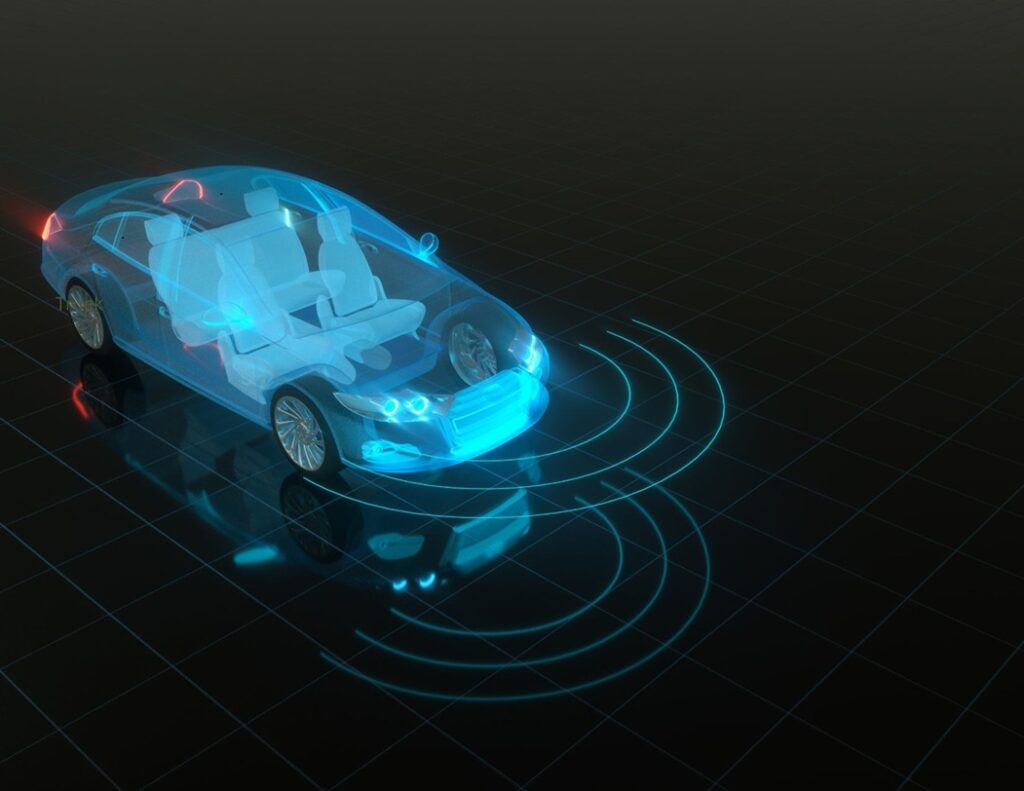 Autonomous car with sensors.